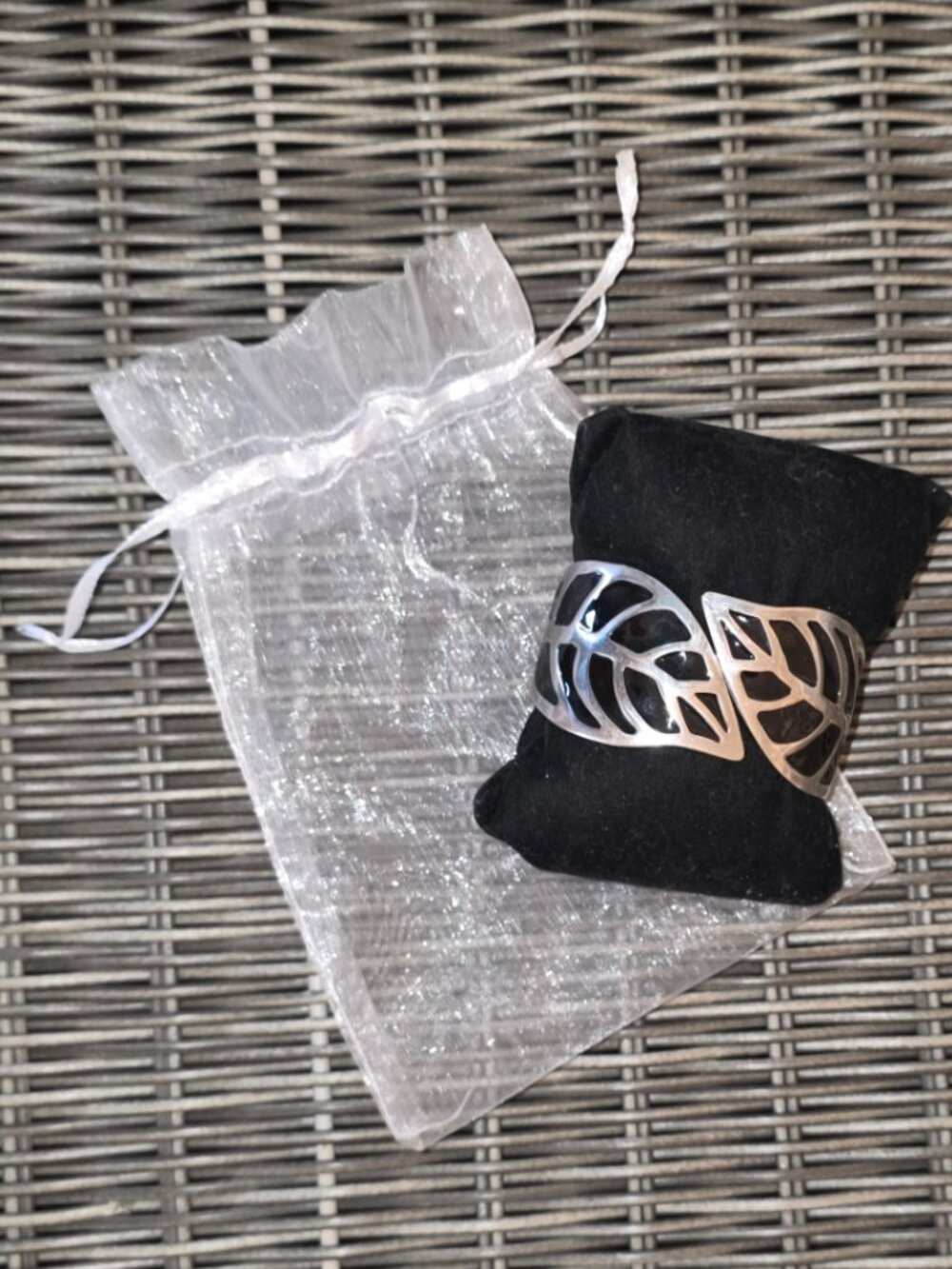 Cuff Bracelet Silver Toned Black Leaf Design Botanical Accessory Earthy Garden